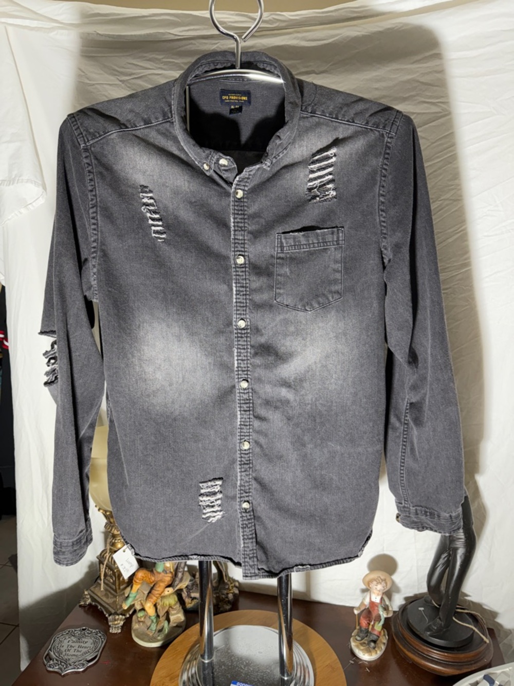 Distressed Charcoal Button-Down Shirt - Casual Men’s Long Sleeve